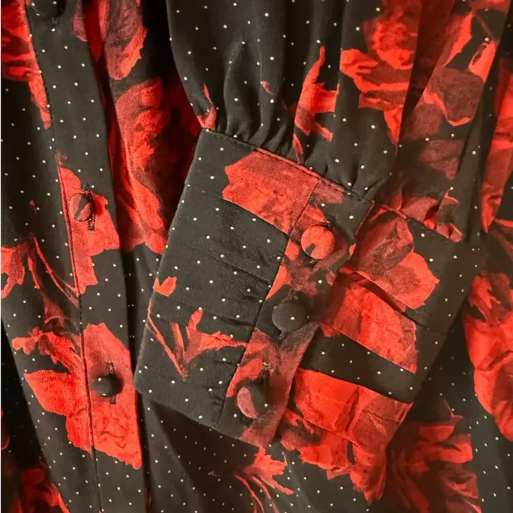 The Kooples Silk Dress EU 38 US 6 Black Red Roses Polka Dot Chic Coquette Indie